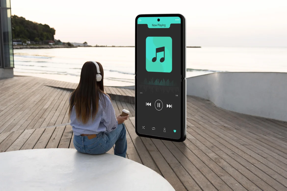 a woman sitting on a bench with headphones and a phone, Youtube MP3 downloader